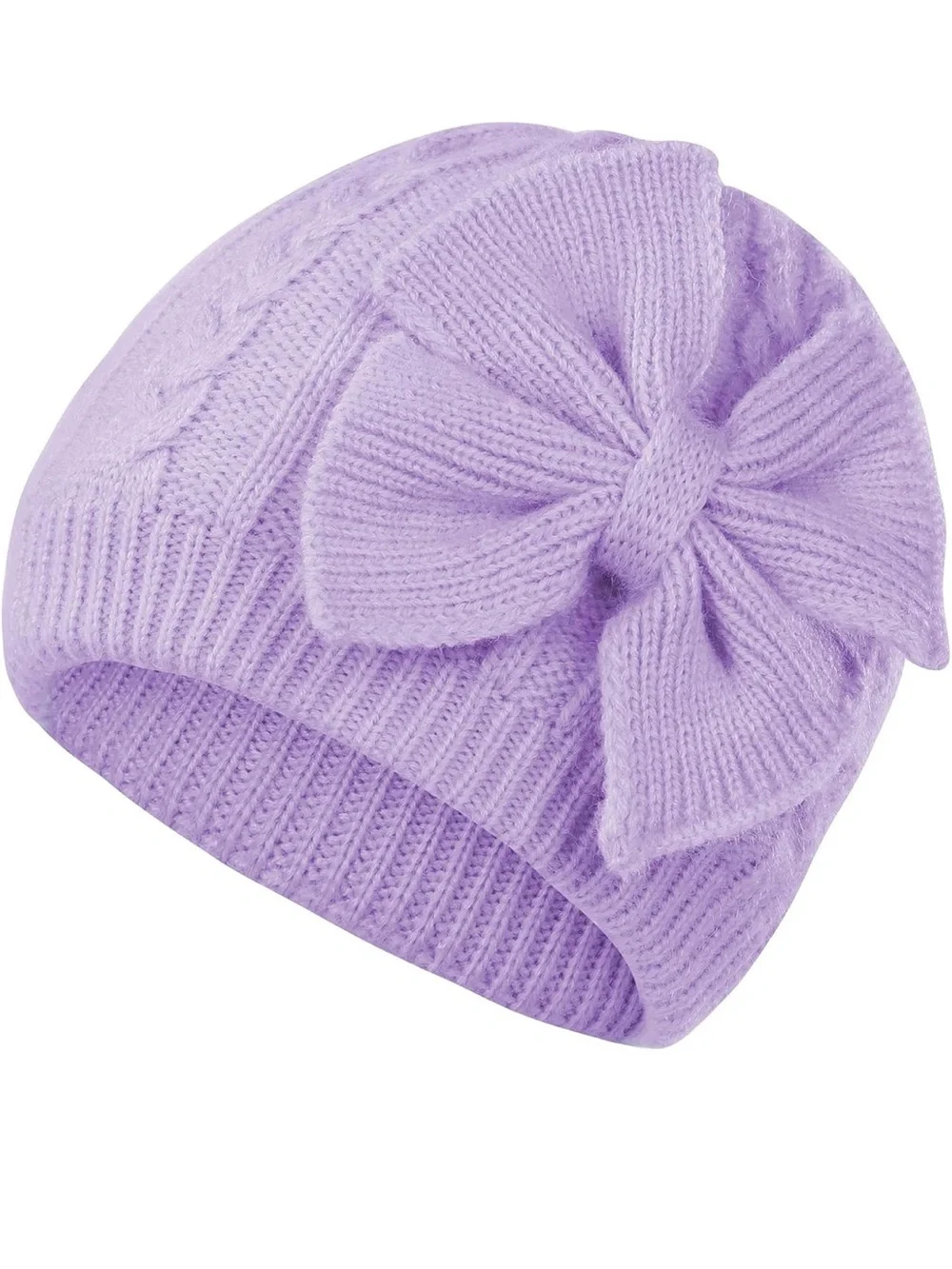 Lilac Knit Bow Beanie for Kids - Soft Winter Hat